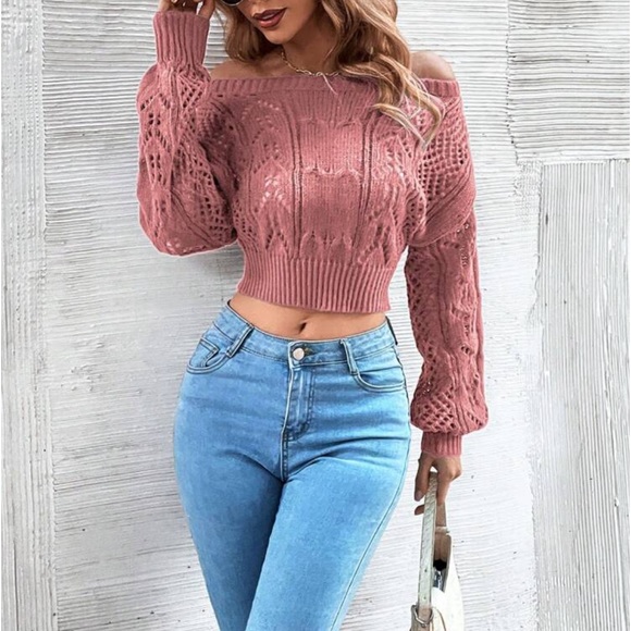 Luxe Sheer Crochet Knit Drop Shoulder Cropped Sweater Top Black - Picture 15 of 16